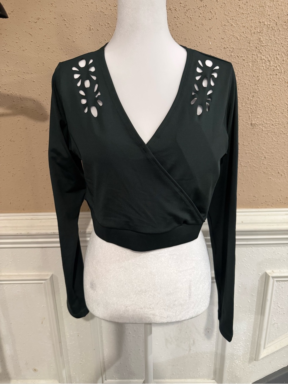Dark Green Wrap Top with Floral Cutout Detail